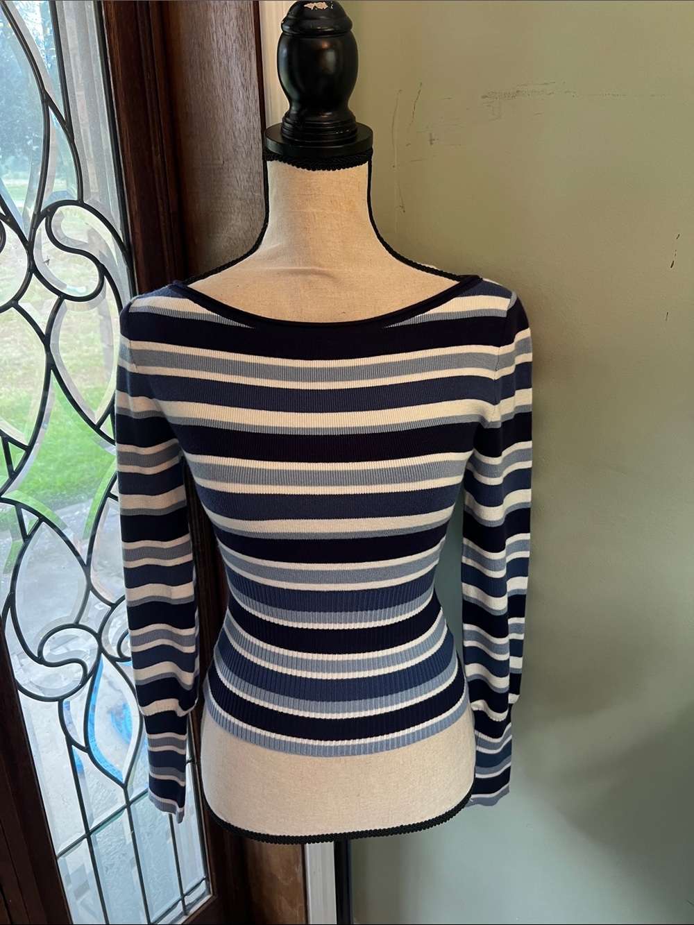 Pink Rose Navy, White & Light Blue Striped Boatneck Long Sleeve Top